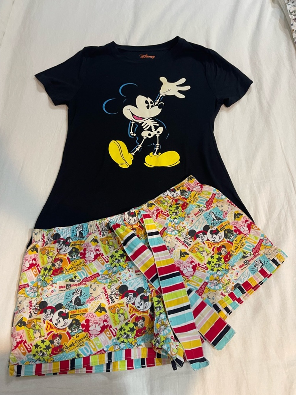 Disney Black Mickey Skeleton Graphic Pajama Set with Multicolor Shorts